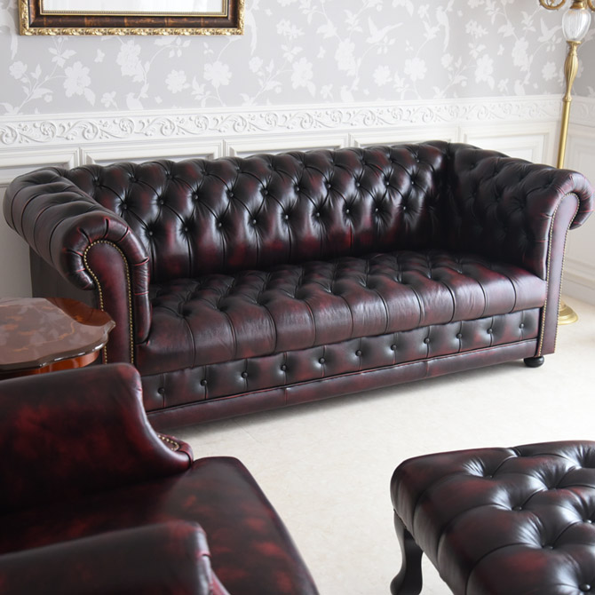 楽天市場】本革 チェスターフィールド 3Pソファ バーガンディレッド