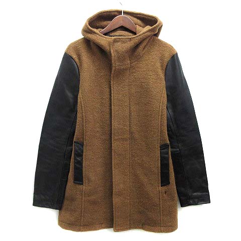【中古】ノーアイディー NOID ウール ボア レザースリーブ フーデッド コート ブラウン ブラック 茶 黒 2 835003-706C メンズ 【ベクトル 古着】 241031|古着 買取&販売 ベクトルイズム
