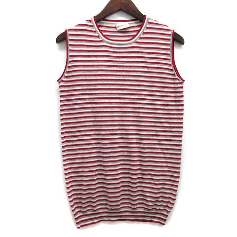 【中古】モンクレール MONCLER ニット ベスト ボーダー ノースリーブ クルーネック S 赤 レッド ☆AA★ レディース 【ベクトル 古着】 250705