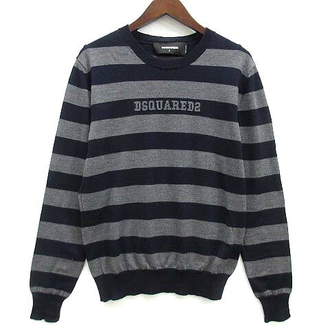 【中古】ディースクエアード DSQUARED2 ボーダー ロゴ ウール ニット セーター 長袖 2020AW グレー ネイビー 紺 S S74HA1118 メンズ 【ベクトル 古着】 250821