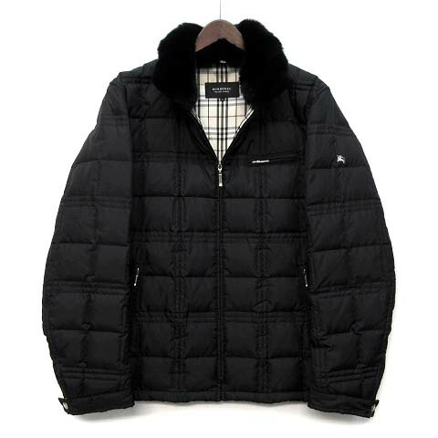 【中古】バーバリーブラックレーベル BURBERRY BLACK LABEL ラビットファー付き ダウン ジャケット 裏地ノバチェック ホース刺繍 ジップアップ ブラック 黒 M メンズ 【ベクトル 古着】 260208