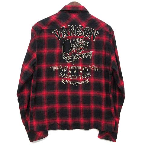 【中古】バンソン VANSON 差しかためる WORST 軍備化正面 武田好誠青写真 殴り書き ドクロ 刺しゅう オンブレチェック フランネルプルオーバー 明けっ広げ色合い 長袖 スカル 赤いこと 赤 L メンズ 【ベクター 古着】 260422