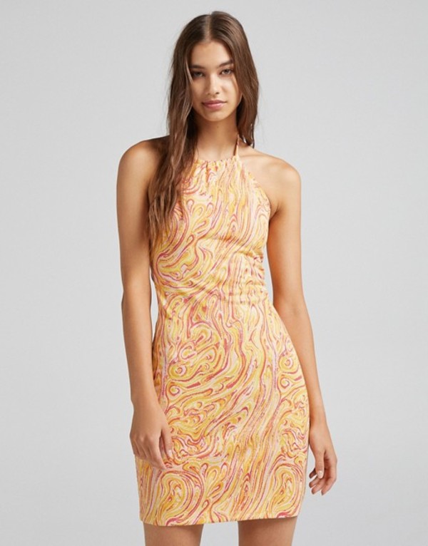 ベルシュカ レディース ワンピース トップス Bershka Retro Print Halterneck Dress In Orange Orange Theconnect Co Zw