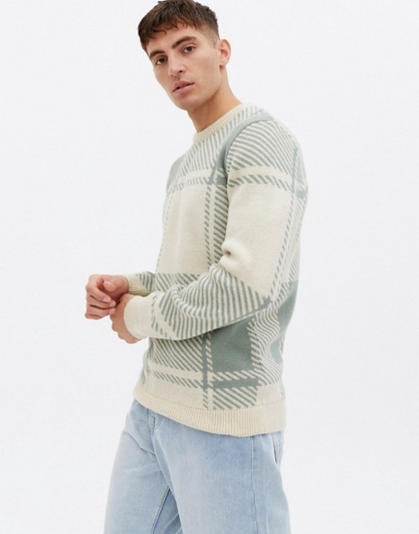 ニュールック メンズ ニット Tシャツ アウター New Look Knitted Sweater With Check In Khaki Khaki Musiciantuts Com