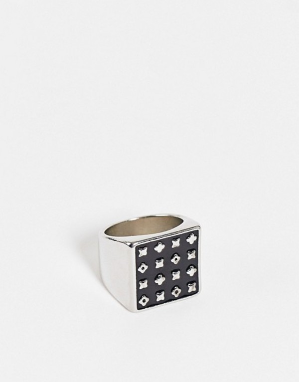 エイソス メンズ 指輪 アクセサリー ASOS DESIGN signet ring with black enamel and silver floral monogram SILVER