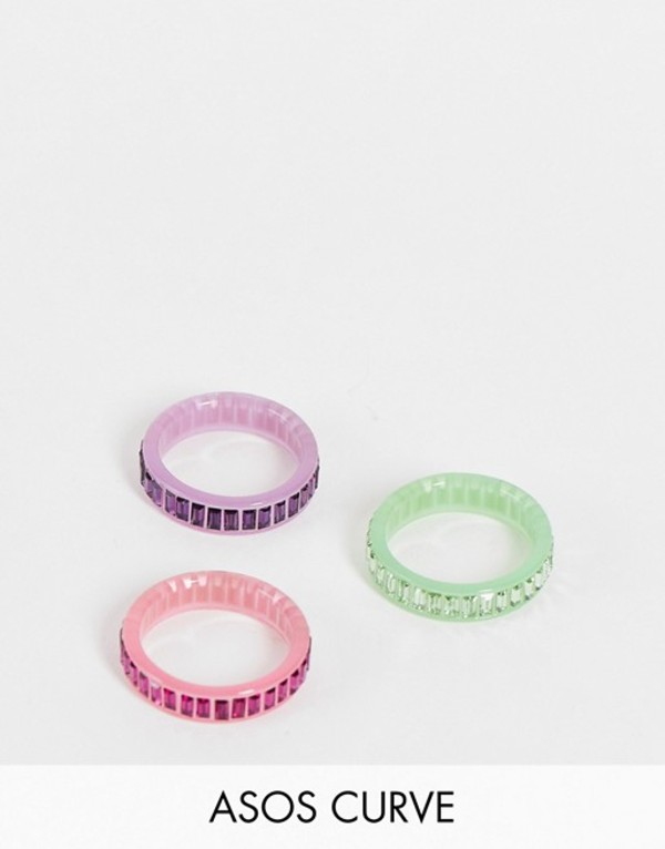 エイソス レディース リング アクセサリー ASOS DESIGN Curve pack of 3 plastic rings with colored baguette crystals Multi
