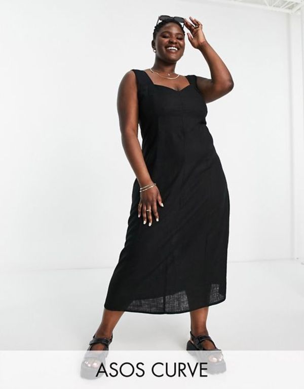 エイソス レディース ワンピース トップス ASOS DESIGN Curve sweetheart neck shirred back midi sundress in black linen Black