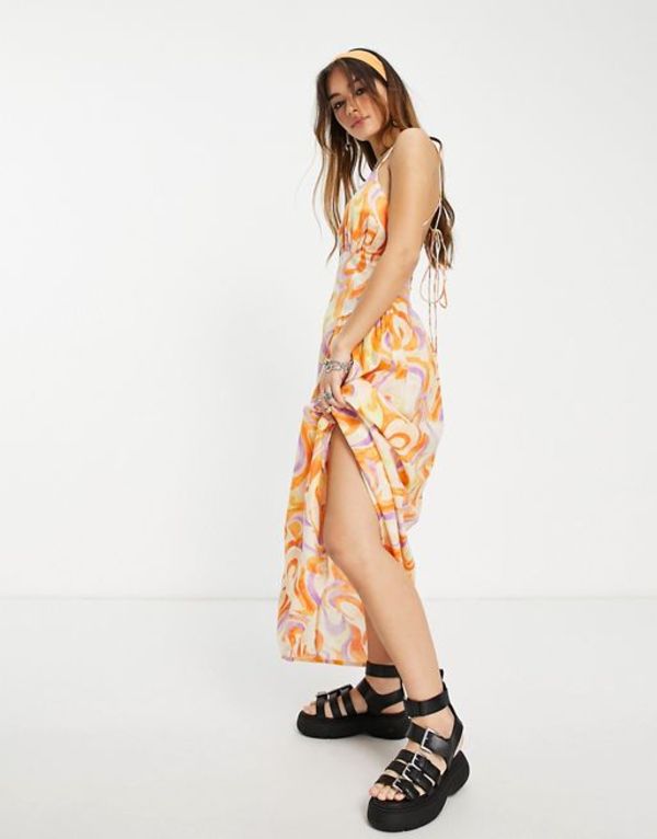 エイソス レディース ワンピース トップス ASOS DESIGN strappy back gathered waist maxi sundress in swirl print Orange swirl
