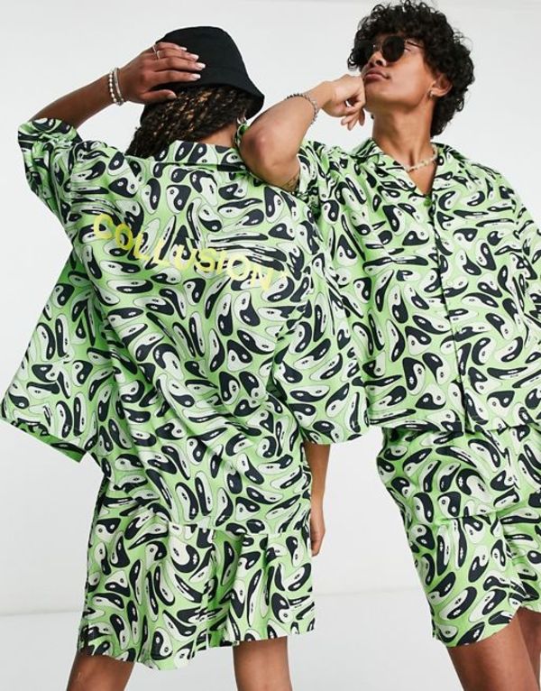 コルージョン レディース シャツ トップス COLLUSION Unisex yin yang print beach shirt in green - part of a set MID GREEN