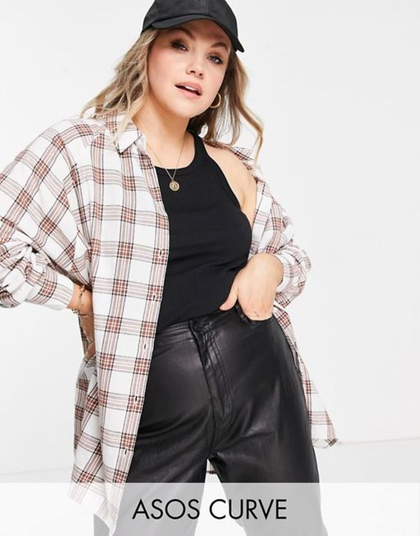 エイソス レディース シャツ トップス ASOS DESIGN Curve long sleeve checkered shirt in ivory and tan Multi