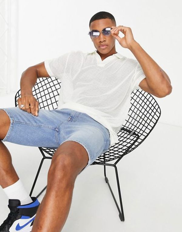 激安通販新作 エイソス メンズ Tシャツ トップス Asos Design Relaxed Camp Collar Polo T Shirt In White Mesh White