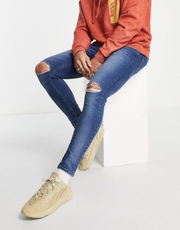 エイソス メンズ デニムパンツ ボトムス ASOS DESIGN spray on jeans with power stretch in dark wash blue with knee rips Dark Wash Blue