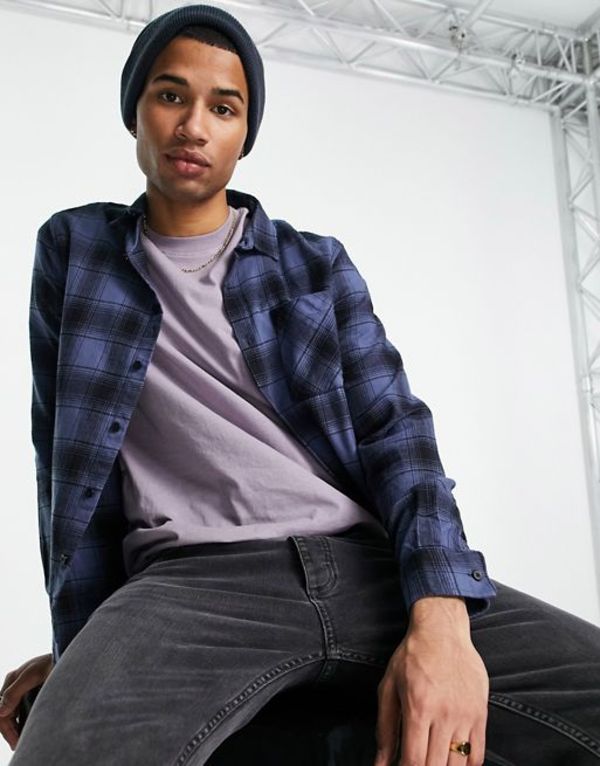 ニュールック メンズ シャツ トップス New Look long sleeve plaid shirt in blue Mid Blue