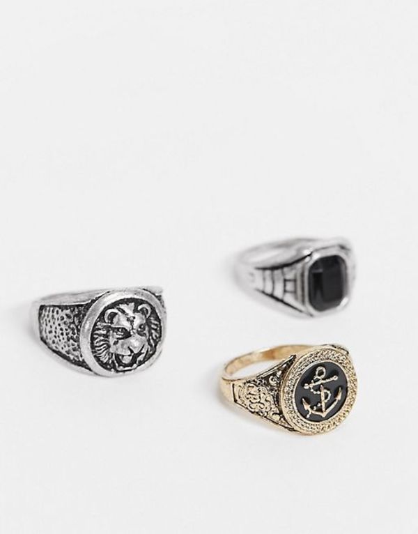 定番の冬ギフト エイソス メンズ 指輪 アクセサリー Asos Design 3 Pack Chunky Ring Set In Burnished Gold And Silver Tone Multi