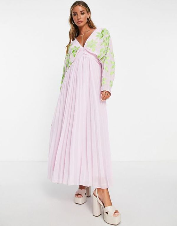 エイソス レディース ワンピース トップス ASOS DESIGN batwing pleated maxi dress with in lilac with green embroidery LILAC