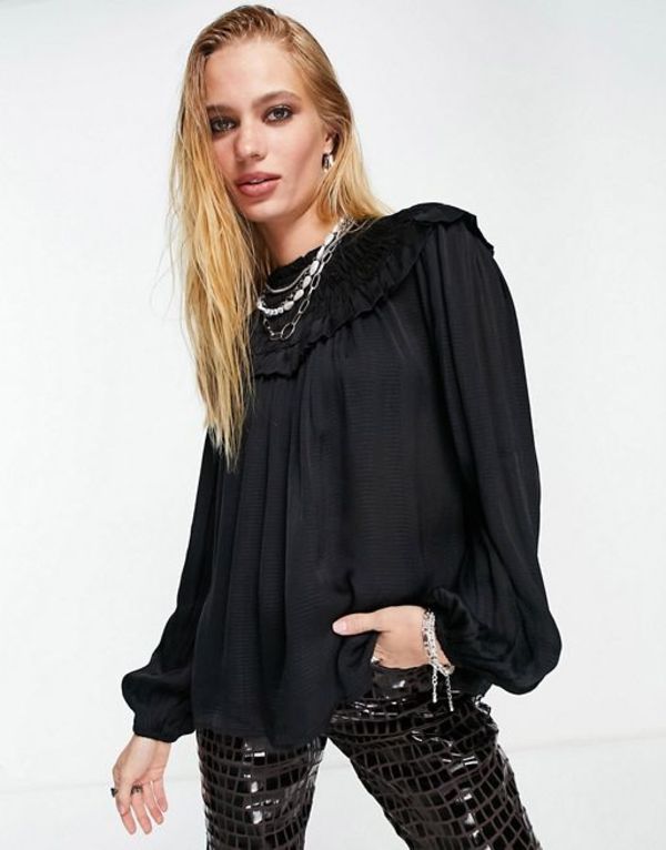 トップショップ レディース シャツ トップス Topshop Frill Yoke Longsleeve Satin Top In Black Black ランキング上位のプレゼント