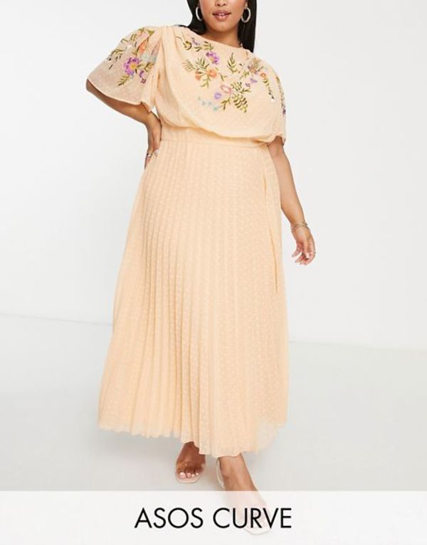 エイソス レディース ワンピース トップス ASOS DESIGN Curve pleated textured cowl front embroidered midi dress with belt in coral Coral