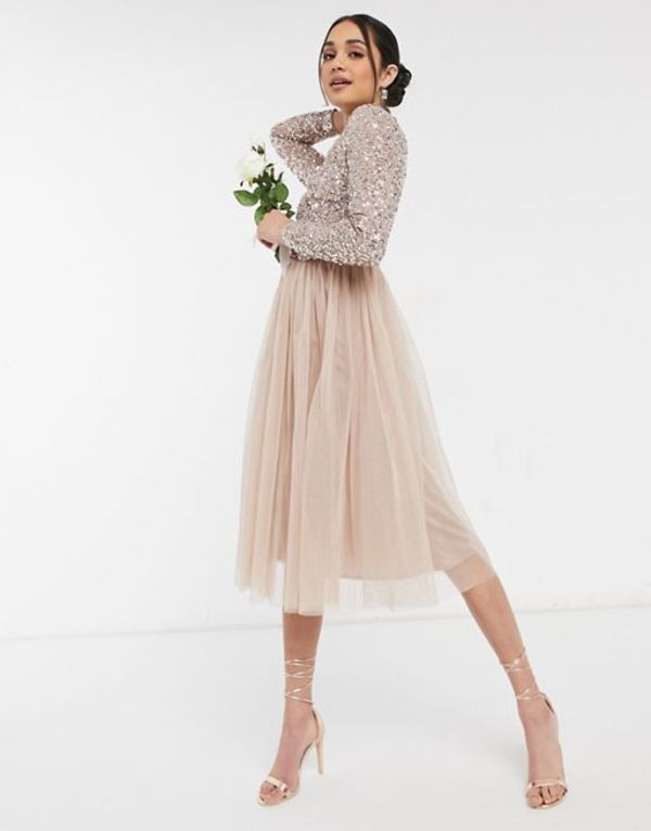 マヤ レディース ワンピース トップス Maya Bridesmaid long sleeve midi tulle dress with tonal delicate sequin in taupe blush Taupe blush