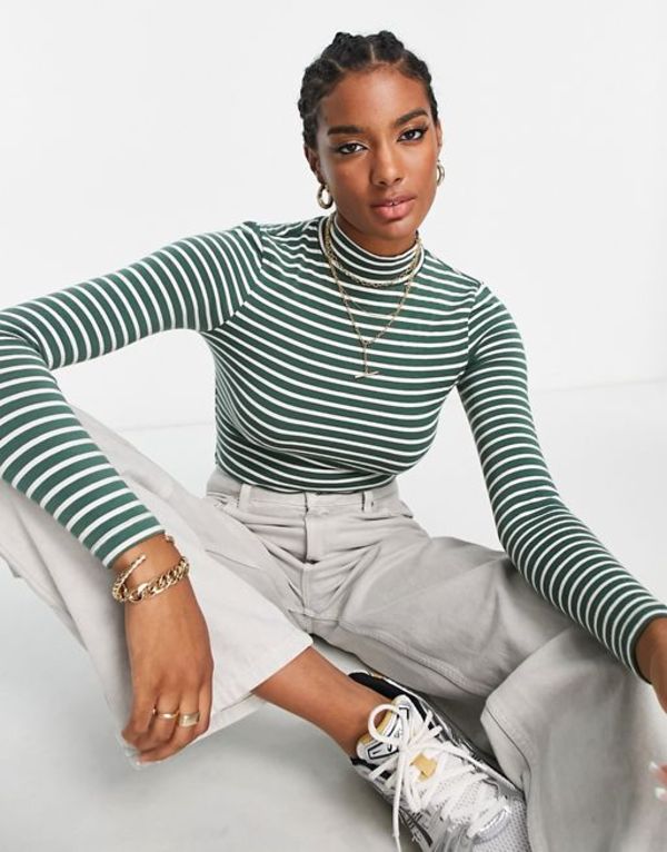エイソス レディース シャツ トップス ASOS DESIGN long sleeve bodysuit with turtle neck in bottle green and off white stripe Multi