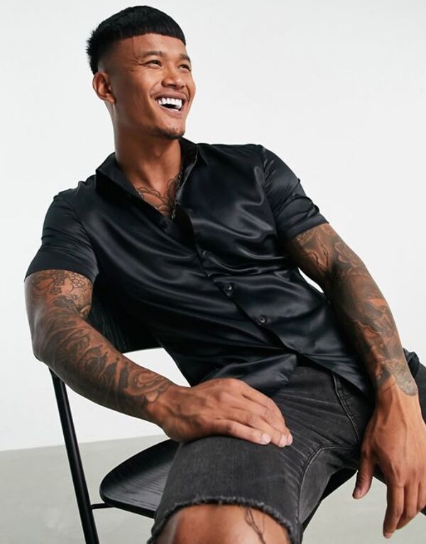 エイソス メンズ トップス シャツ サテン ASOS DESIGN skinny satin shirt Black ブラック