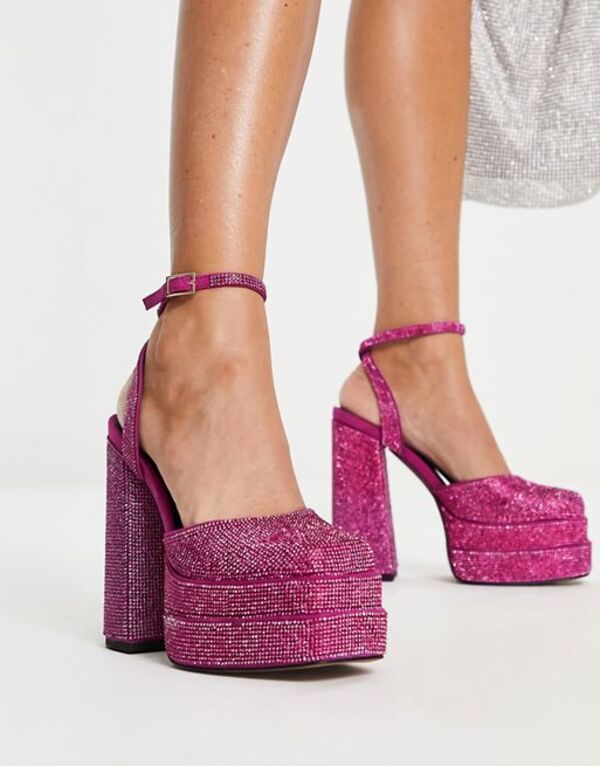 【送料無料】 エイソス レディース ヒール シューズ ASOS DESIGN Pluto embellished platform heeled shoes in pink PINK画像