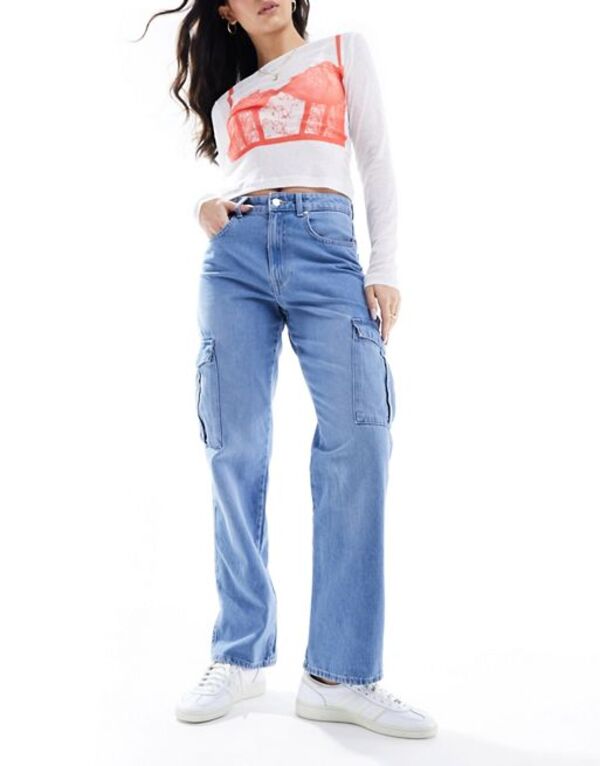 オンリー レディース ボトムス デニムパンツ ハイウエスト ジーンズ Only Riley high waist straight cargo jeans in light blue wash Light blue denim デニム|ReVida 店