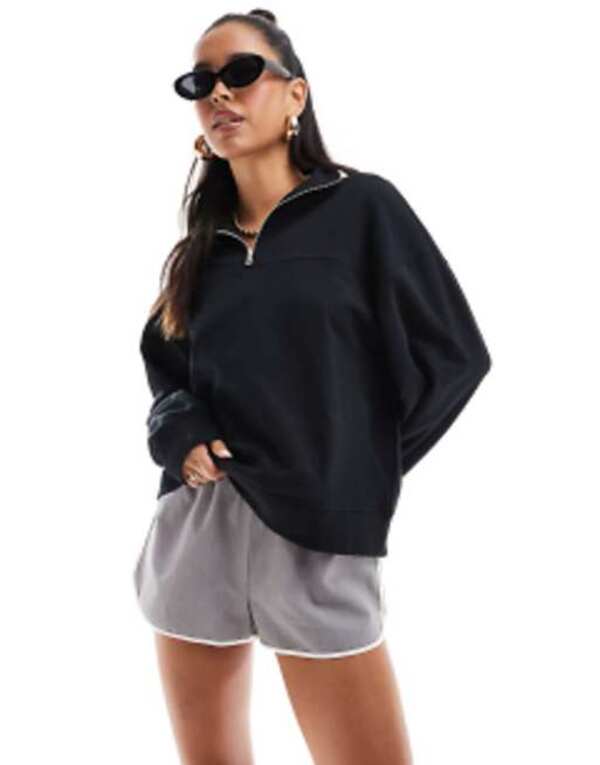 エイソス レディース アウター パーカー・スウェット ハーフジップ 流汗 プルオーバー ASOS DESIGN half zip sweatshirt Black 黒いこと