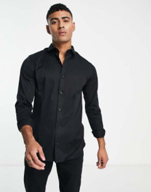 ジャック アンド ジョーンズ メンズ トップス シャツ スリムフィット Jack & Jones Premium super slim fit stretch smart shirt Black ブラック｜ReVida 店