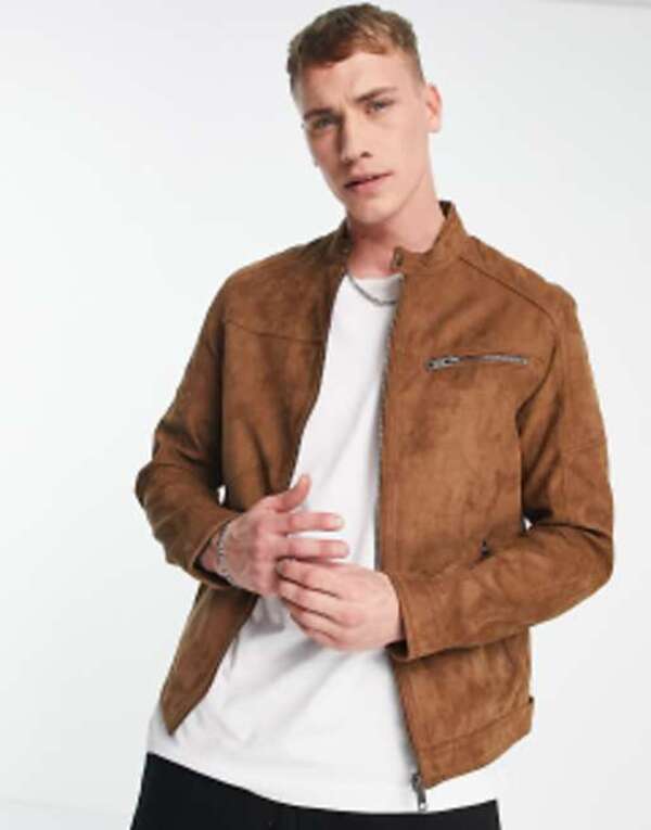 ジャック アンド ジョーンズ メンズ アウター ジャケット・ブルゾン スエード ジャケット Jack & Jones Essentials biker jacket in faux suede tan Cognac タン
