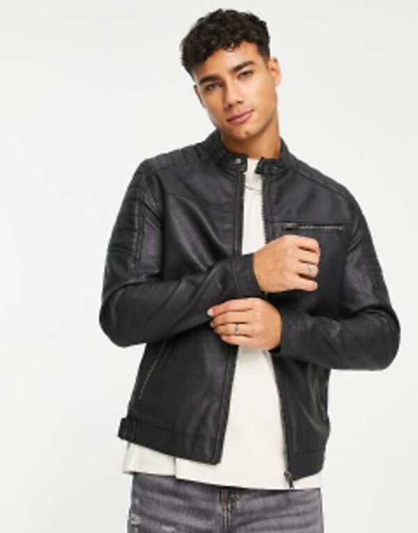 ジャック アンド ジョーンズ メンズ アウター ジャケット・ブルゾン レザー フェイクレザー ジャケット Jack & Jones Essentials faux leather racer jacket Black ブラック 18,886円