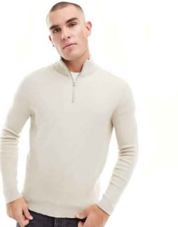 オンリーアンドサンズ メンズ アウター ニット・セーター ハーフジップ リブ セーター ONLY & SONS ribbed half zip sweater in stone Silver Lining シルバー