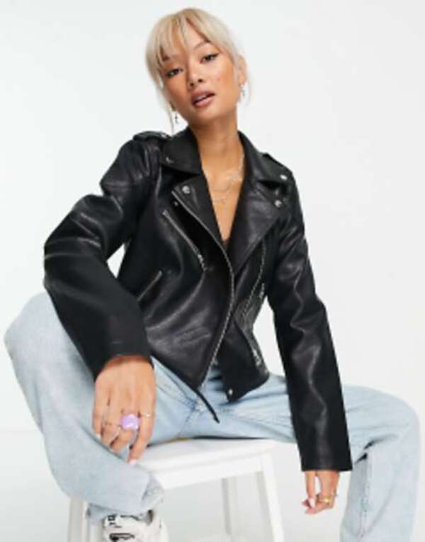 ノイジーメイ レディース アウター ジャケット・ブルゾン レザー フェイクレザー ジャケット Noisy May faux leather look biker jacket Black ブラック|ReVida 店