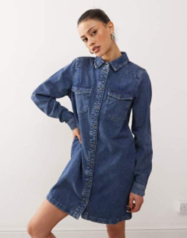 ノイジーメイ レディース トップス ワンピース デニム Noisy May long sleeve denim dress in mid MID BLUE ブルー｜ReVida 店