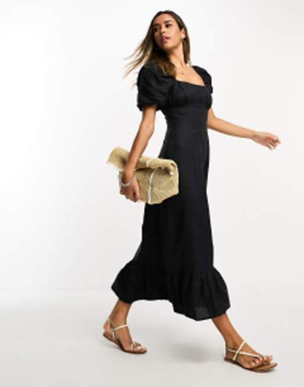 アンドアザーストーリーズ レディース トップス 衣装 リネン \u0026 Other Stories linen puff sleeve midaxi dress with split Black 黒いこと