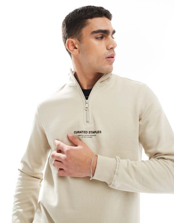 オンリーアンドサンズ メンズ アウター パーカー・スウェット ハイネック セーター ONLY & SONS curated high neck 1/4 zip sweater in stone Silver Lining シルバー 14,220円