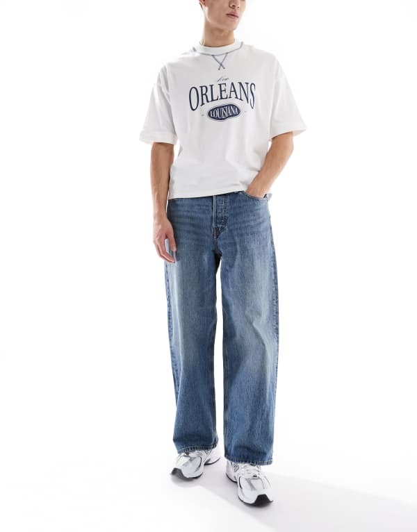 手玉 アンド ジョーンズ メンズ ボトムス ジーンズズボン下 デニム Jack \u0026 Jones Dave wide fit jeans インチ mid Blue Denim ジーンズ ズボン・パンツ-メンズファッション
