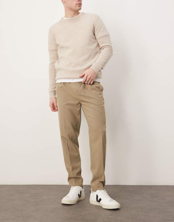エイソス メンズ ボトムス カジュアルパンツ パンツ ASOS DESIGN smart tapered pants with front pleat in dark stone Dark stone ストーン