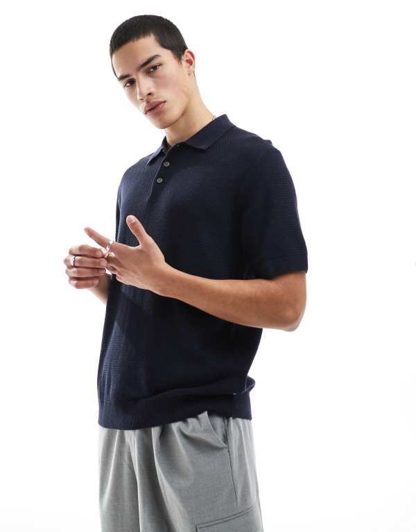 ジャック アンド ジョーンズ メンズ トップス ポロシャツ Jack & Jones Premium texture button polo shirt Night Sky ネイビー