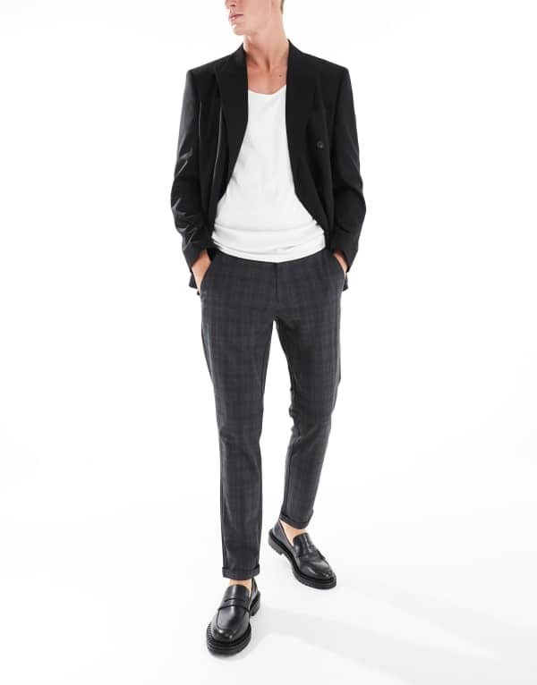 ジャック アンド ジョーンズ メンズ ボトムス カジュアルパンツ パンツ Jack & Jones plaid smart pants in dark Tap shoe グレー|ReVida 店