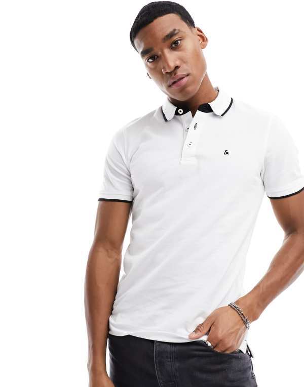 ジャック アンド ジョーンズ メンズ トップス ポロシャツ スリムフィット ロゴ Jack & Jones Essentials slim fit tipped pique logo polo White ホワイト
