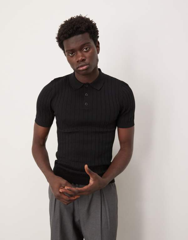 エイソス メンズ トップス ポロシャツ Tシャツ ニット ASOS DESIGN knitted muscle fit rib polo t-shirt Black ブラック