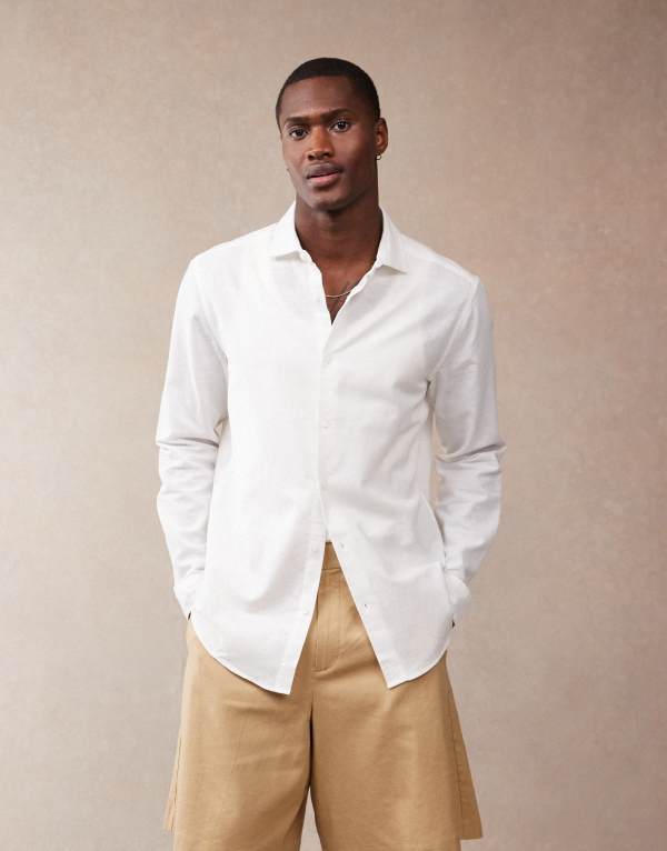 エイソス メンズ トップス シャツ リネン ASOS DESIGN smart linen look regular shirt with cutaway collar WHITE ホワイト