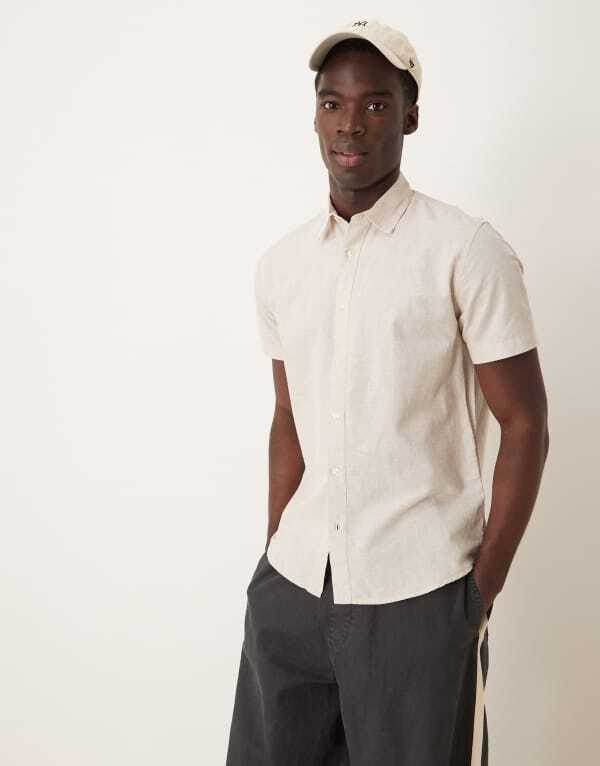 セレクテッドオム メンズ トップス シャツ リネン Selected homme linen blend short sleeve shirt in cream Pure Cashmere クリーム
