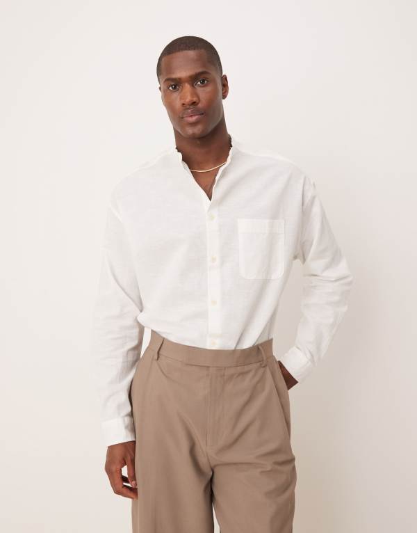 エイソス メンズ トップス シャツ リネン ASOS DESIGN 90s oversized linen shirt WHITE ホワイト