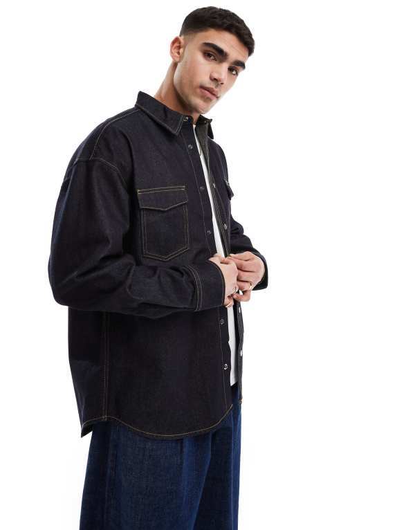 ジャック アンド ジョーンズ メンズ トップス シャツ デニム Jack & Jones denim overshirt shacket in rinse wash Dark Denim デニム
