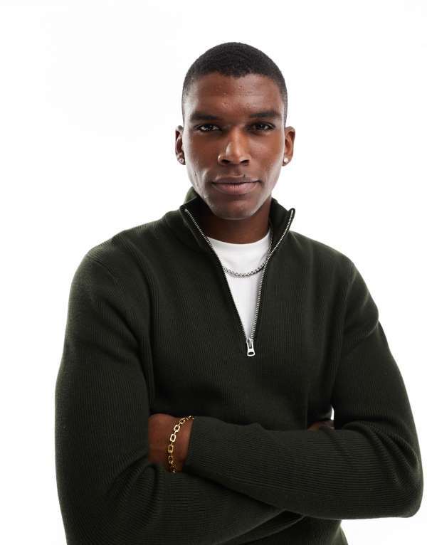 オンリーアンドサンズ メンズ アウター ニット・セーター ハーフジップ リブ セーター ONLY & SONS ribbed half zip sweater in dark Rosin グリーン