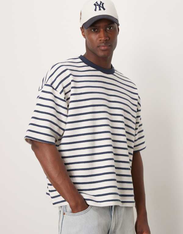 エイソス メンズ トップス Tシャツ ASOS DESIGN Premium boxy oversized t-shirt in heavyweight 350gsm textured stripe Multi マルチカラー