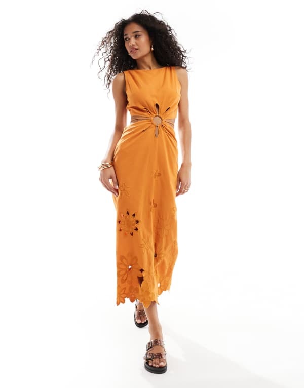 エイソス レディース トップス 衣装 カットアウト マキシ衣装 御花柄 刺しゅう マキシ 御花 ASOS DESIGN floral embroidered cut out maxi dress インチ orangeオレンジ色