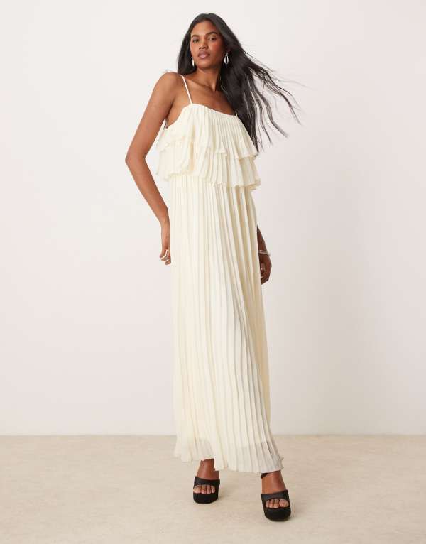 ヴィラ レディース トップス ワンピース マキシワンピース プリーツ フリル マキシ Vila pleated ruffle layer cami maxi dress in birch cream Birch クリーム