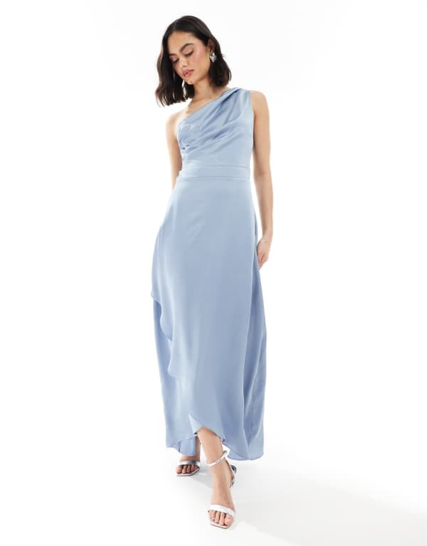 ティエフエヌシー レディース トップス ワンピース マキシワンピース サテン スカート マキシ TFNC Bridesmaid one shoulder satin maxi dress with wrap skirt in dusty Dusty Blue ブルー|ReVida 店